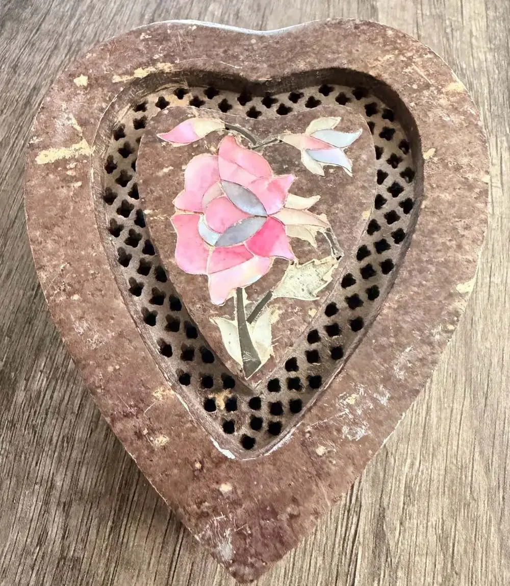 Vintage Hand-Carved Soapstone Heart-Shaped Trinket Box with Lattice Lid and Moth